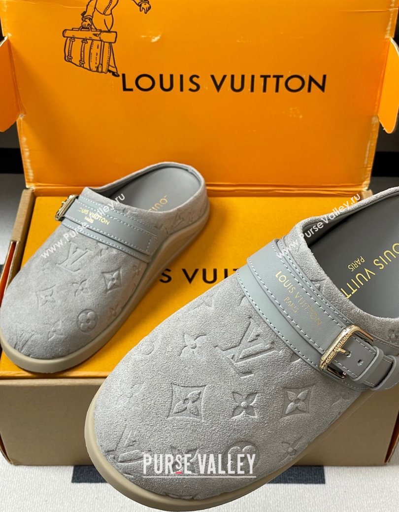 Louis Vuitton LV To-Go Flat Comfort Clog Mules in Suede with Buckle Grey2 2025 1AHLVU (MD-250829087)