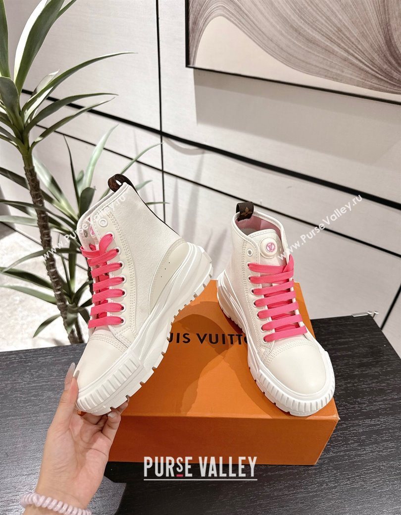 Louis Vuitton Canvas and Leather High Top Sneakers White/Dark Pink 2025 LV082903 (MD-250829045)