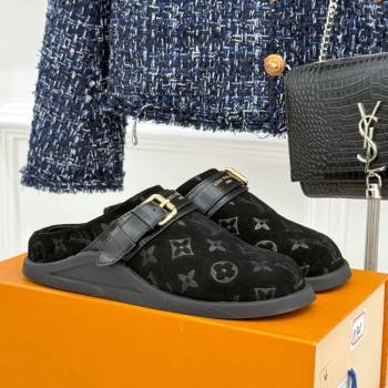 Louis Vuitton LV To-Go Flat Comfort Clog Mules in Suede with Buckle Black 2025 1AHLVU (MD-250829084)