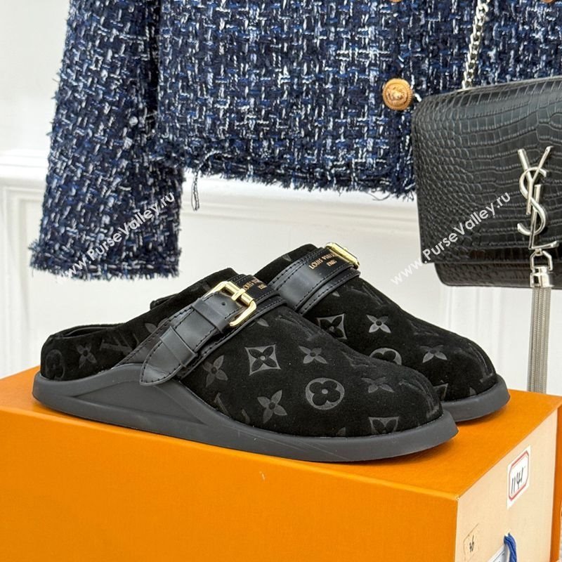Louis Vuitton LV To-Go Flat Comfort Clog Mules in Suede with Buckle Black 2025 1AHLVU (MD-250829084)