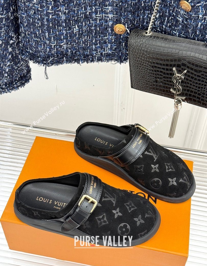 Louis Vuitton LV To-Go Flat Comfort Clog Mules in Suede with Buckle Black 2025 1AHLVU (MD-250829084)