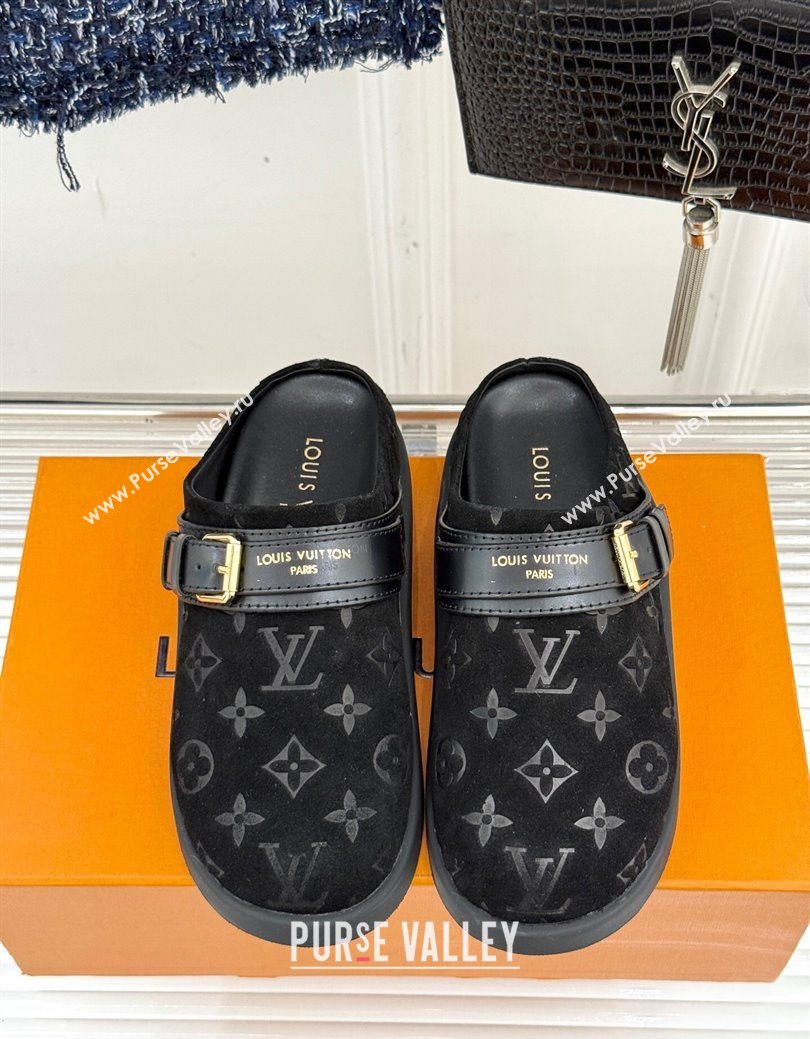 Louis Vuitton LV To-Go Flat Comfort Clog Mules in Suede with Buckle Black 2025 1AHLVU (MD-250829084)