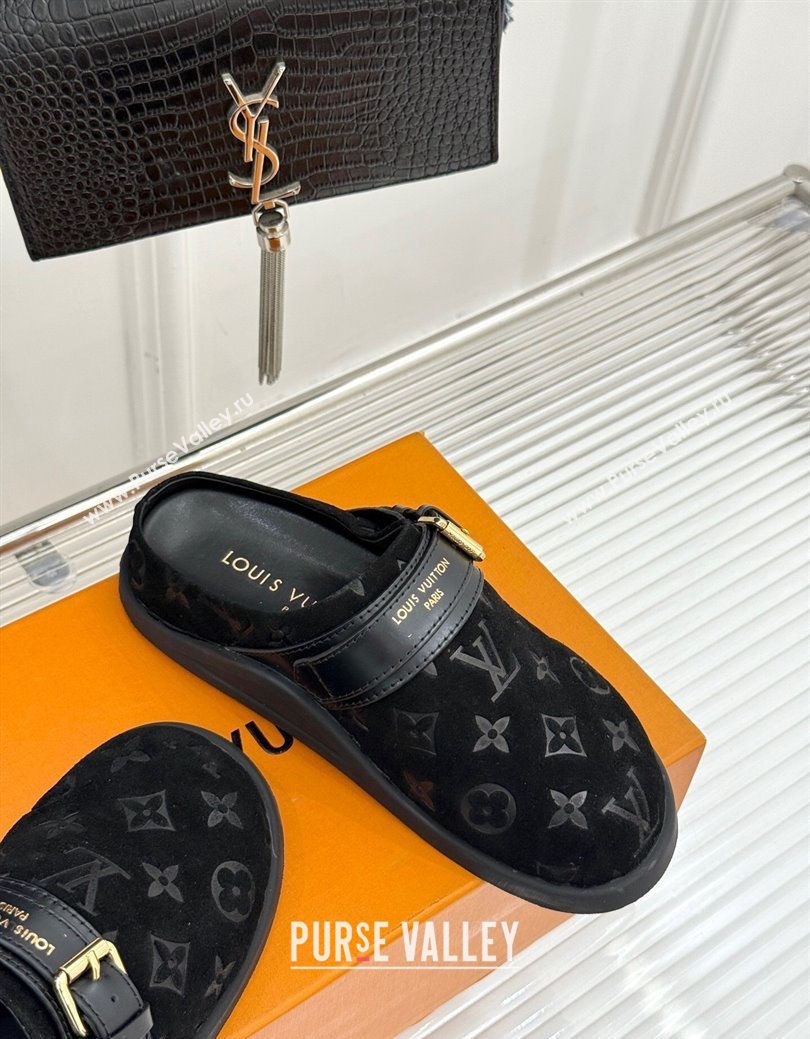Louis Vuitton LV To-Go Flat Comfort Clog Mules in Suede with Buckle Black 2025 1AHLVU (MD-250829084)