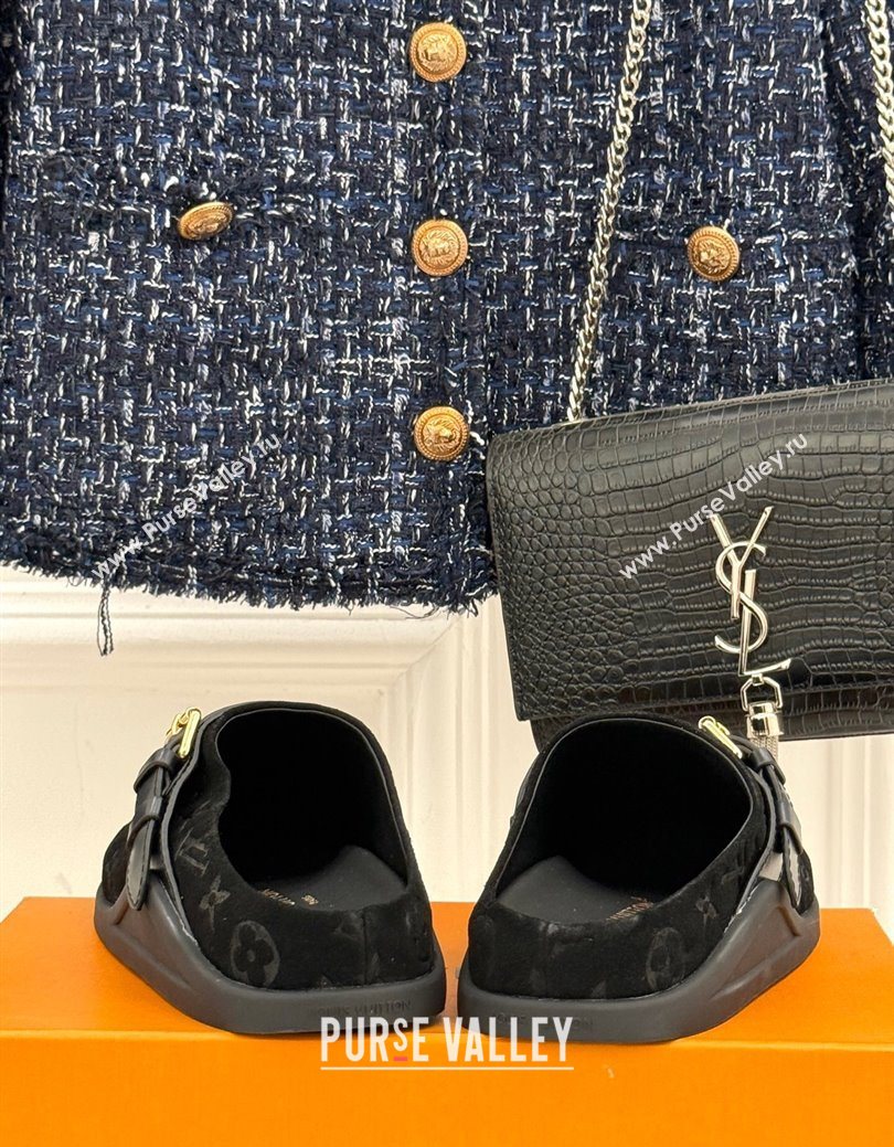Louis Vuitton LV To-Go Flat Comfort Clog Mules in Suede with Buckle Black 2025 1AHLVU (MD-250829084)