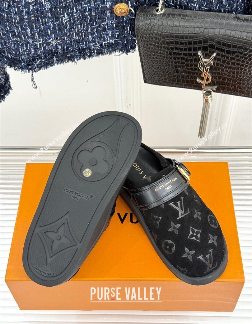 Louis Vuitton LV To-Go Flat Comfort Clog Mules in Suede with Buckle Black 2025 1AHLVU (MD-250829084)