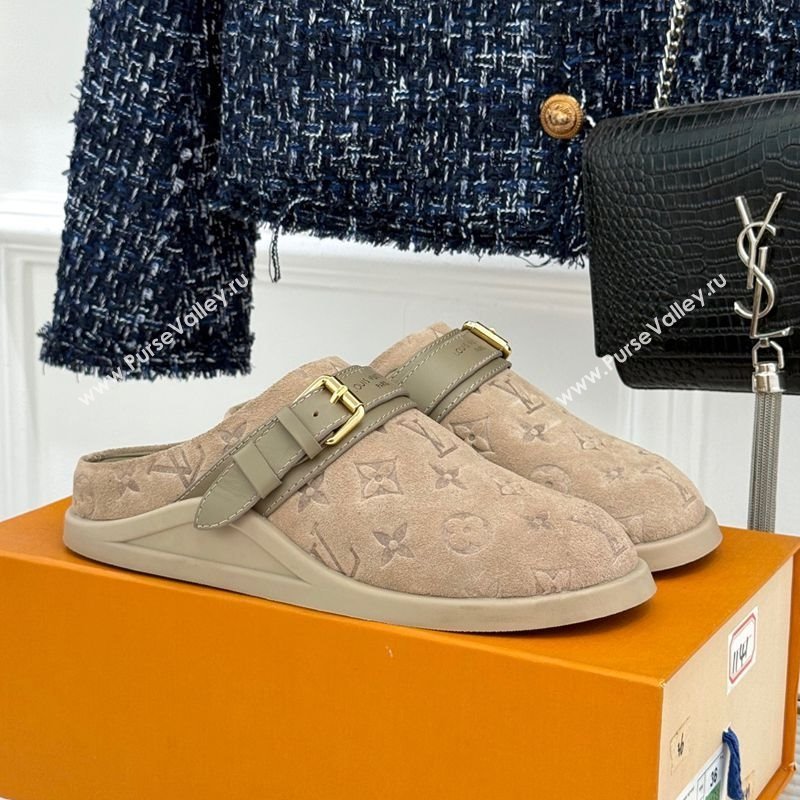 Louis Vuitton LV To-Go Flat Comfort Clog Mules in Suede with Buckle Beige2 2025 1AHLVU (MD-250829085)