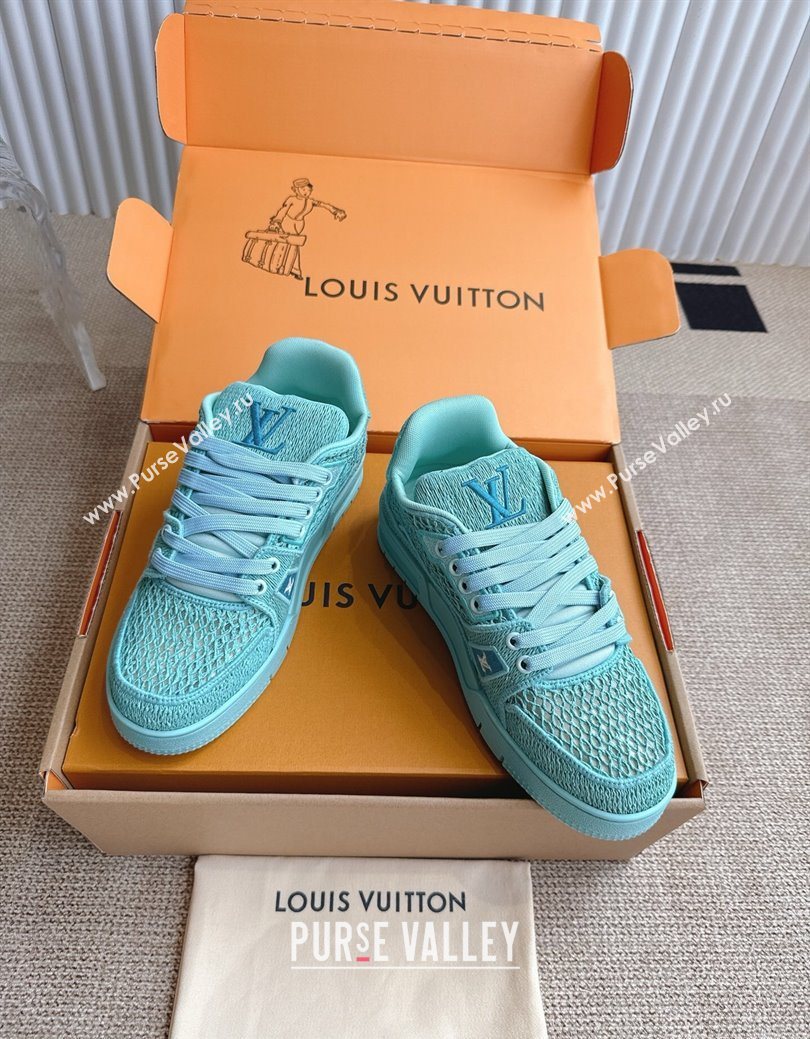 Louis Vuitton LV Trainer Sneakers in Crochet Raffia Straw Like 1AHTR5 Turquoise Blue 2025 (KL-250829021)