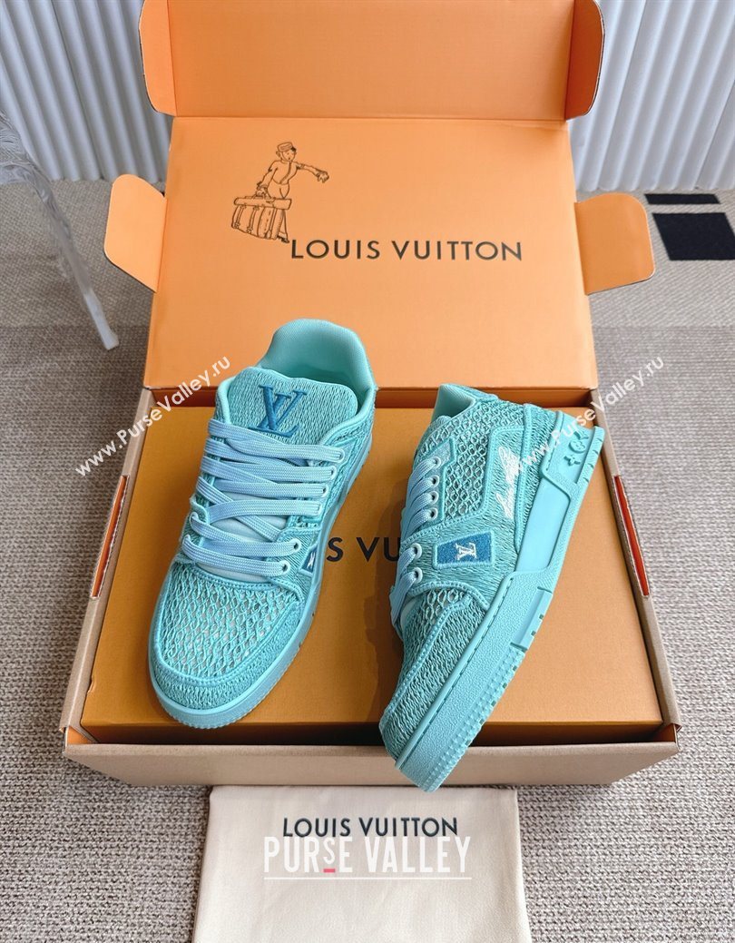 Louis Vuitton LV Trainer Sneakers in Crochet Raffia Straw Like 1AHTR5 Turquoise Blue 2025 (KL-250829021)