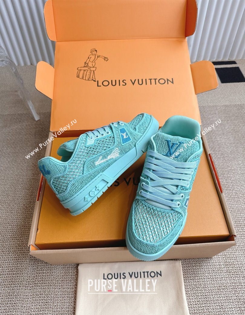 Louis Vuitton LV Trainer Sneakers in Crochet Raffia Straw Like 1AHTR5 Turquoise Blue 2025 (KL-250829021)