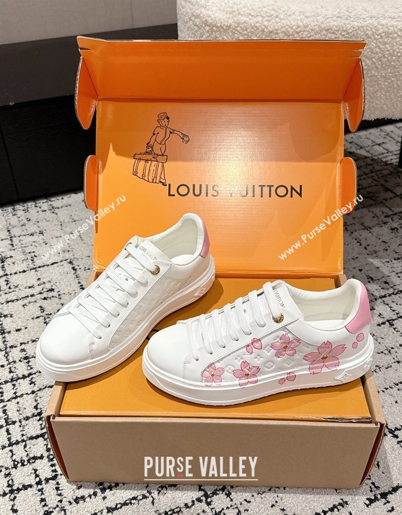 Louis Vuitton LV x TM Time Out Sneakers in Monogram Leather with Cherry Blossom Print White/Pink 2025 (SS-250829005)