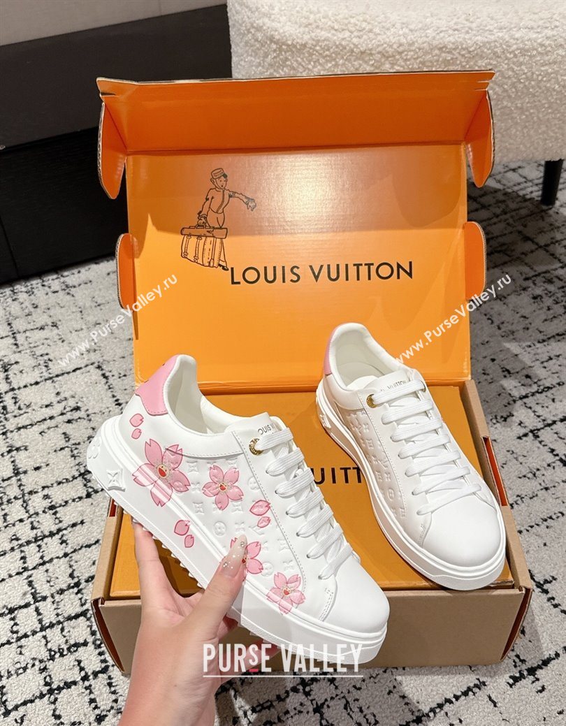Louis Vuitton LV x TM Time Out Sneakers in Monogram Leather with Cherry Blossom Print White/Pink 2025 (SS-250829005)
