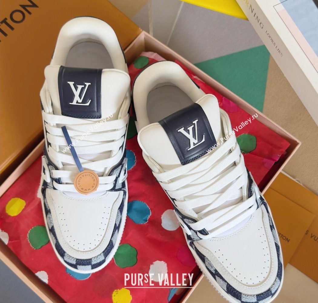 Louis Vuitton LV Trainer Sneakers in Leather and Damier Canvas 1AIN14 White/Blue 2025 (KL-250829024)