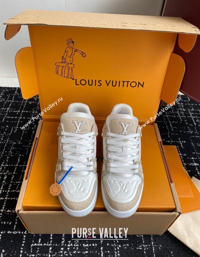 Louis Vuitton LV Trainer Sneakers in Leather and Denim 1AIKOM White/Beige 2025 (KL-250829027)