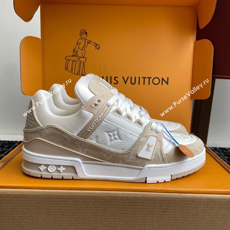 Louis Vuitton LV Trainer Sneakers in Leather and Denim 1AIKOM White/Beige 2025 (KL-250829027)