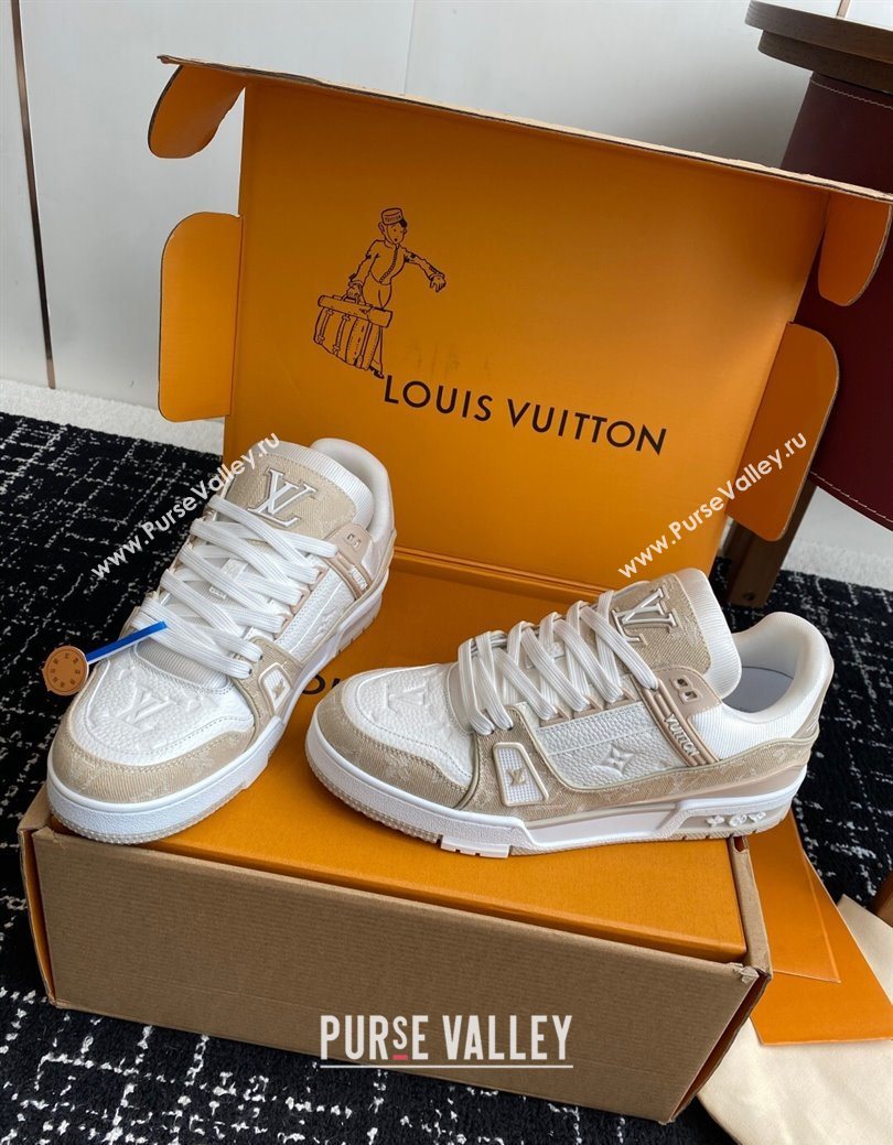 Louis Vuitton LV Trainer Sneakers in Leather and Denim 1AIKOM White/Beige 2025 (KL-250829027)