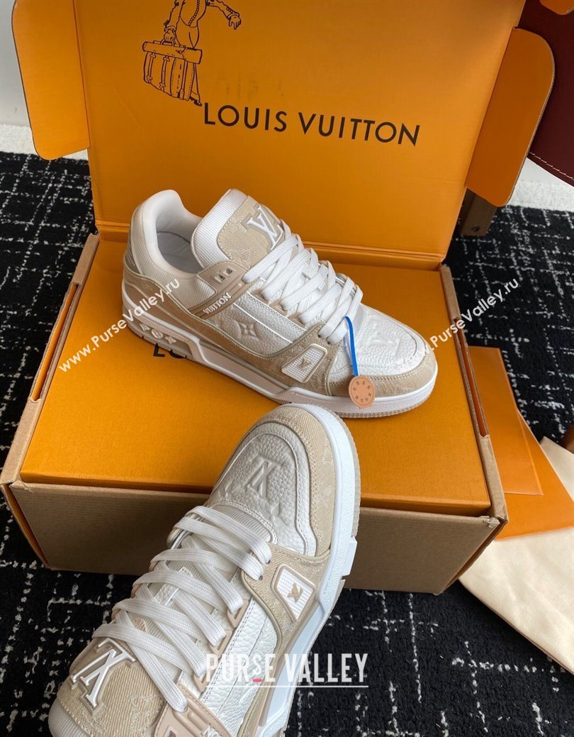 Louis Vuitton LV Trainer Sneakers in Leather and Denim 1AIKOM White/Beige 2025 (KL-250829027)
