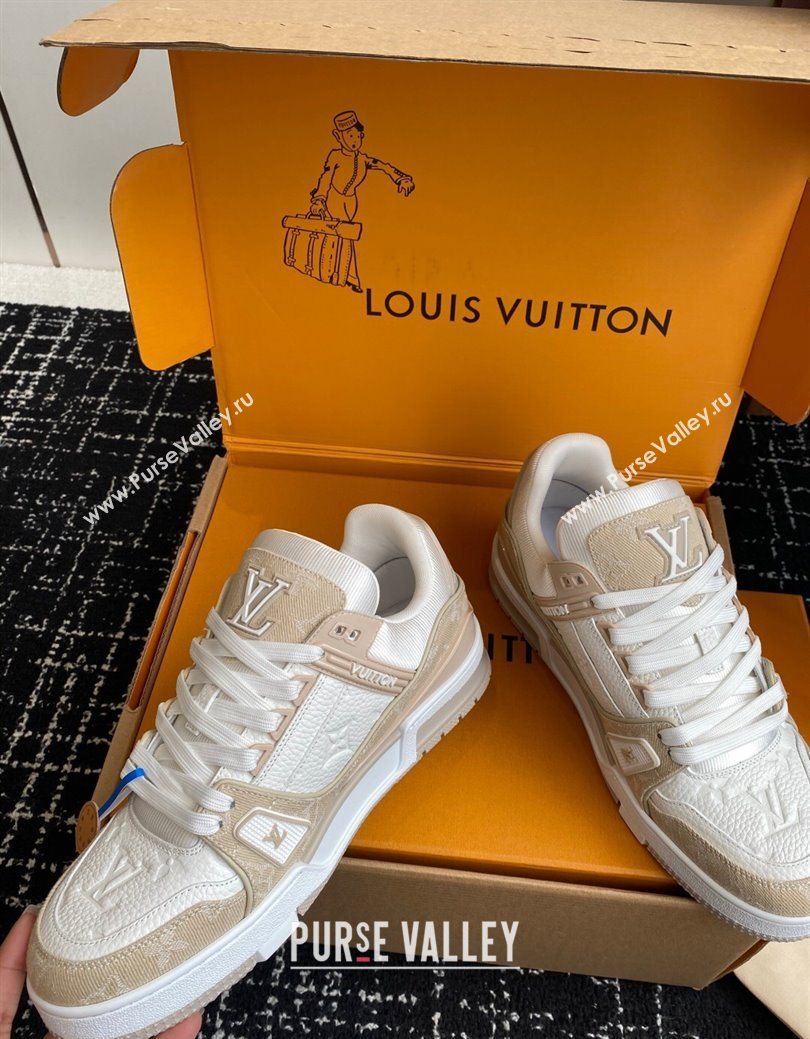 Louis Vuitton LV Trainer Sneakers in Leather and Denim 1AIKOM White/Beige 2025 (KL-250829027)