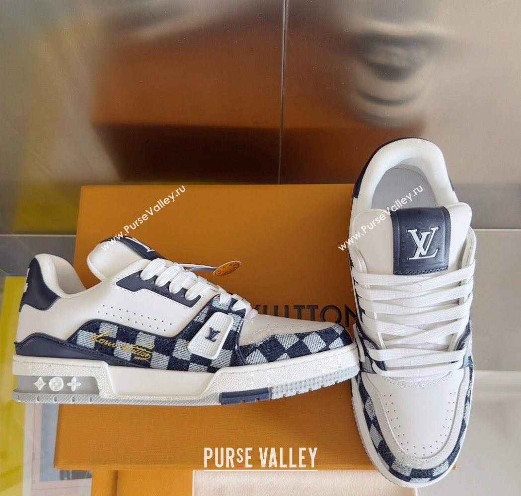Louis Vuitton LV Trainer Sneakers in Leather and Damier Canvas 1AIN14 White/Blue 2025 (KL-250829024)
