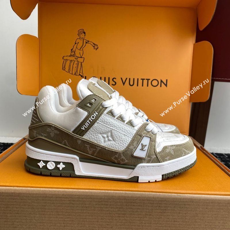 Louis Vuitton LV Trainer Sneakers in Leather and Denim 1AIKOM White/Green 2025 (KL-250829028)