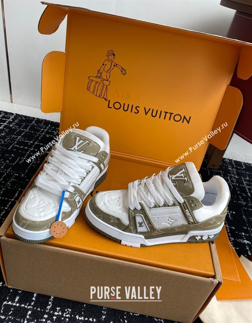 Louis Vuitton LV Trainer Sneakers in Leather and Denim 1AIKOM White/Green 2025 (KL-250829028)