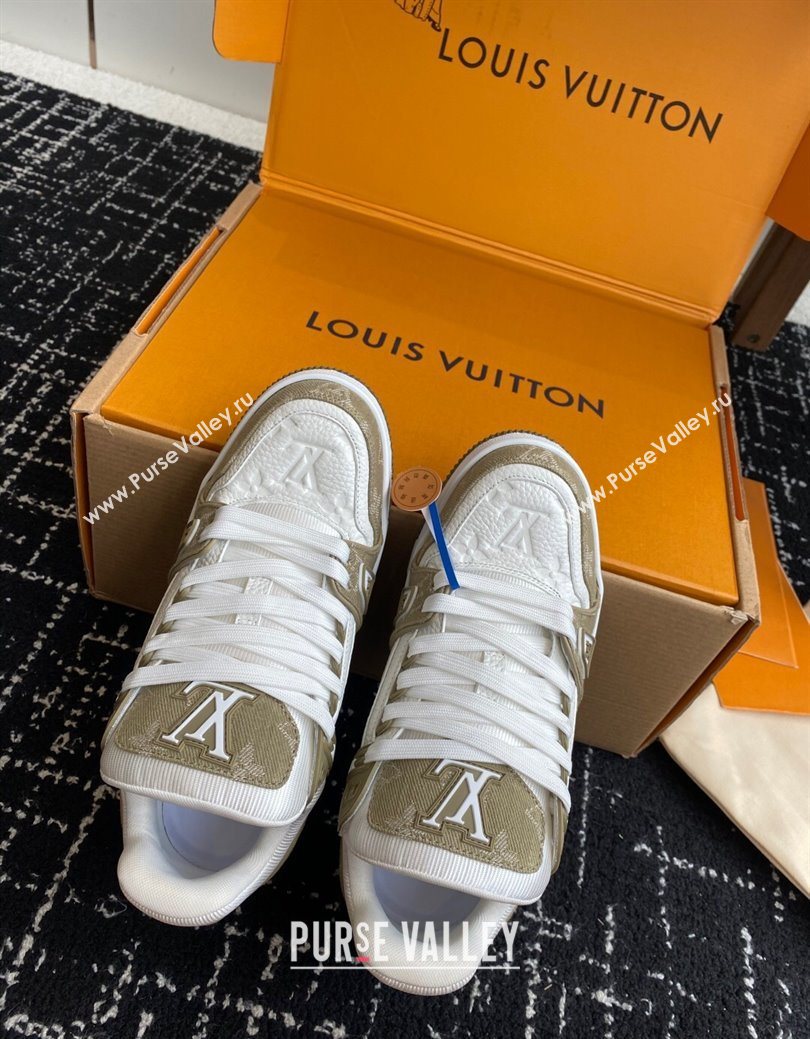 Louis Vuitton LV Trainer Sneakers in Leather and Denim 1AIKOM White/Green 2025 (KL-250829028)