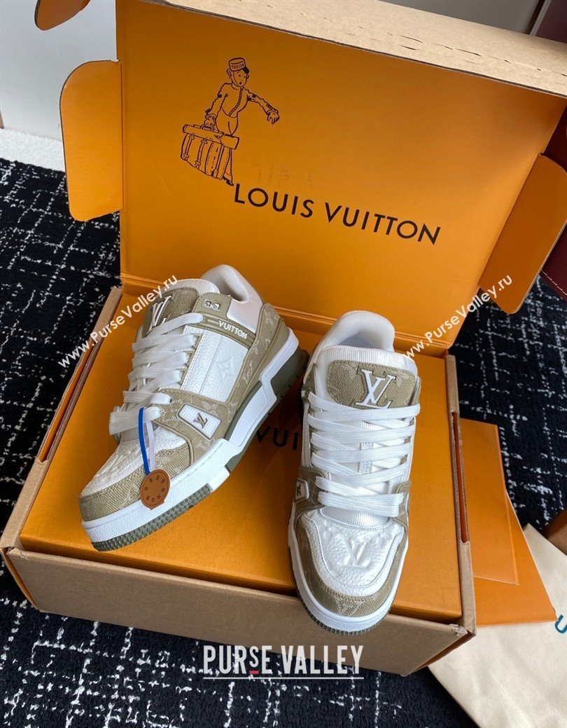 Louis Vuitton LV Trainer Sneakers in Leather and Denim 1AIKOM White/Green 2025 (KL-250829028)