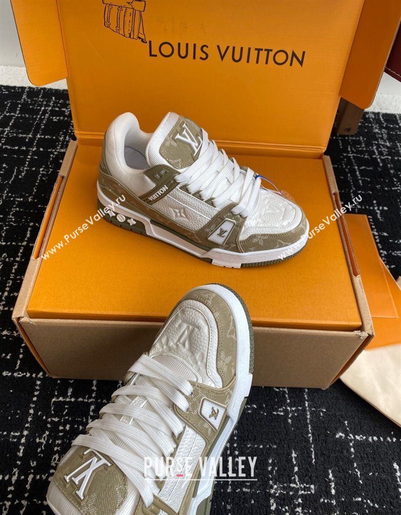 Louis Vuitton LV Trainer Sneakers in Leather and Denim 1AIKOM White/Green 2025 (KL-250829028)