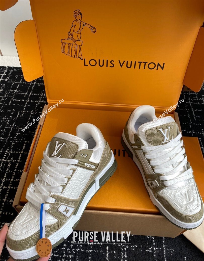 Louis Vuitton LV Trainer Sneakers in Leather and Denim 1AIKOM White/Green 2025 (KL-250829028)