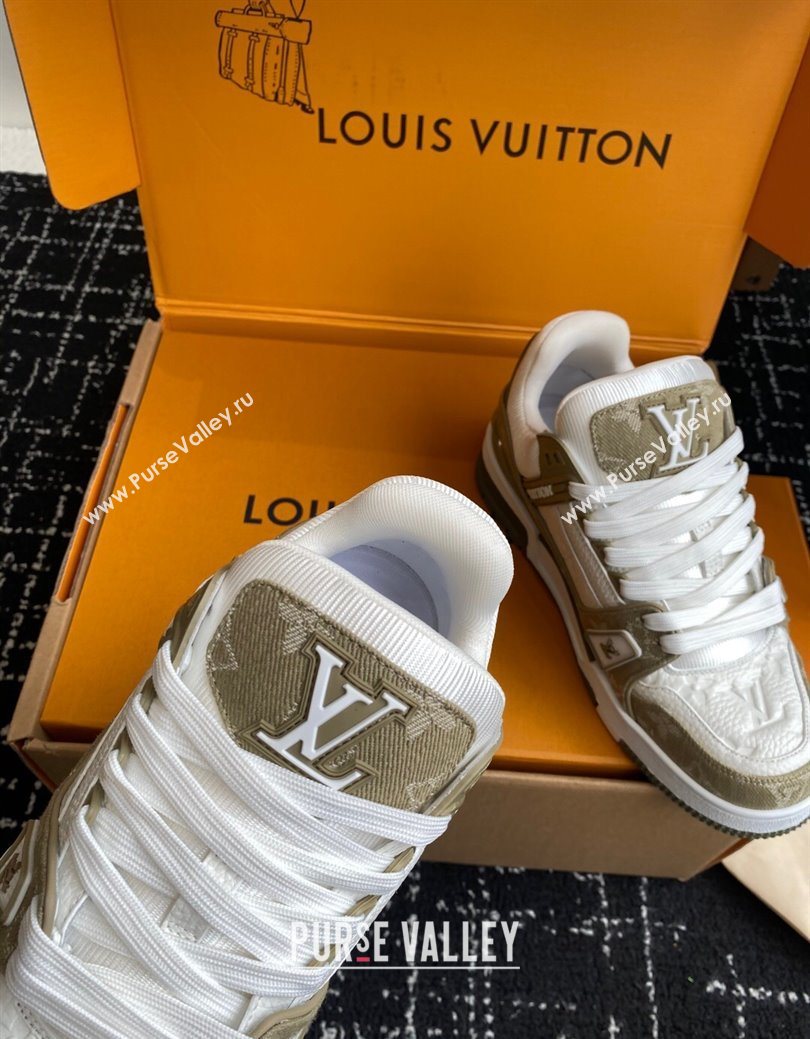 Louis Vuitton LV Trainer Sneakers in Leather and Denim 1AIKOM White/Green 2025 (KL-250829028)