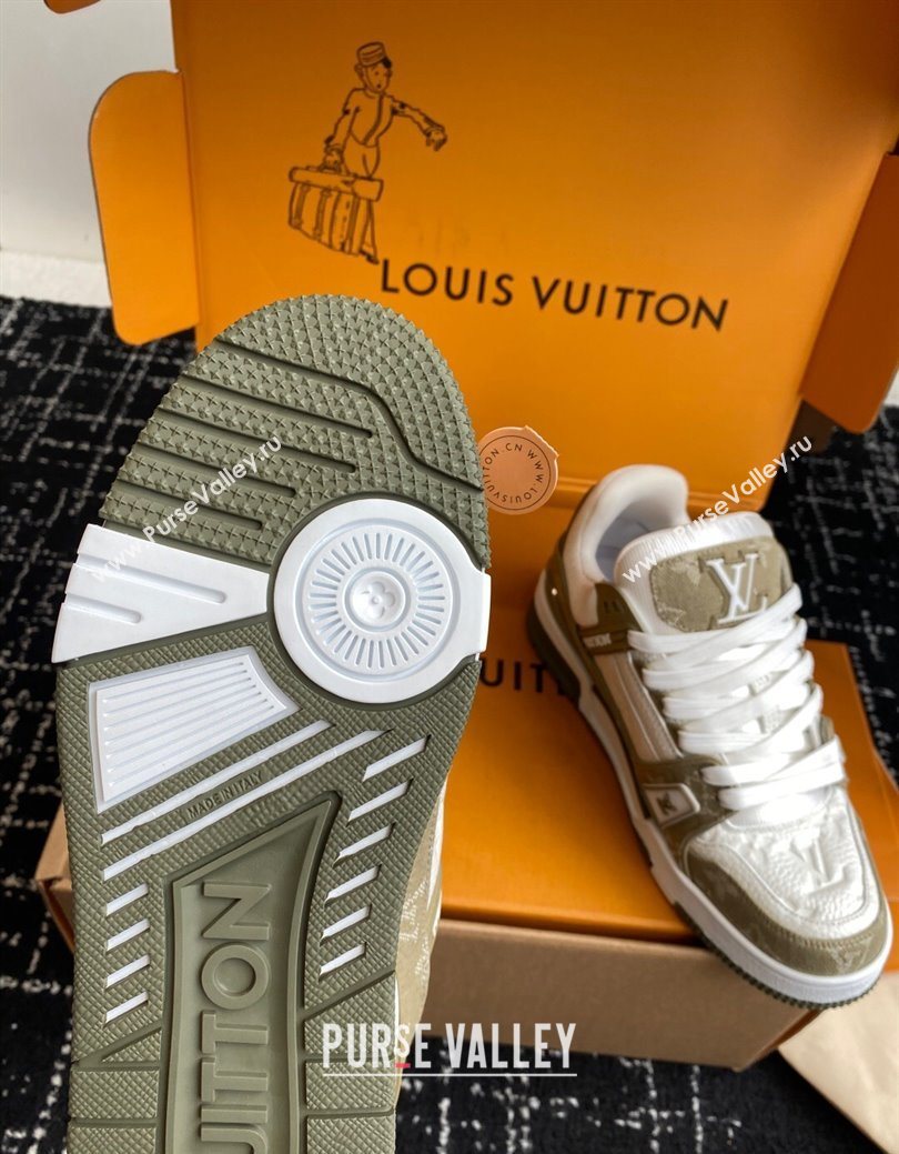 Louis Vuitton LV Trainer Sneakers in Leather and Denim 1AIKOM White/Green 2025 (KL-250829028)