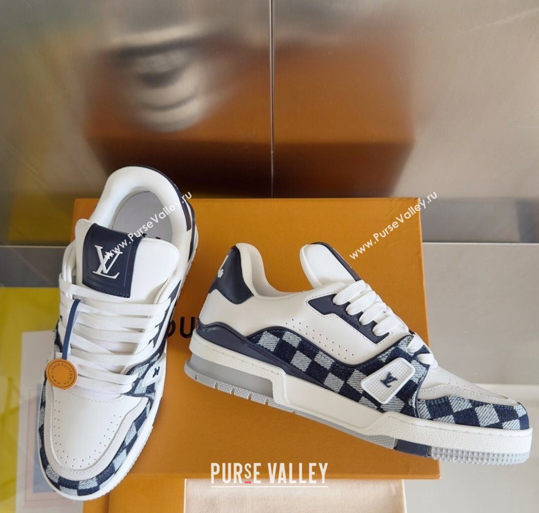 Louis Vuitton LV Trainer Sneakers in Leather and Damier Canvas 1AIN14 White/Blue 2025 (KL-250829024)