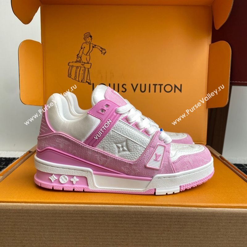 Louis Vuitton LV Trainer Sneakers in Leather and Denim 1AIKOM White/Pink 2025 (KL-250829029)