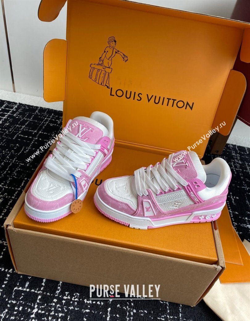Louis Vuitton LV Trainer Sneakers in Leather and Denim 1AIKOM White/Pink 2025 (KL-250829029)