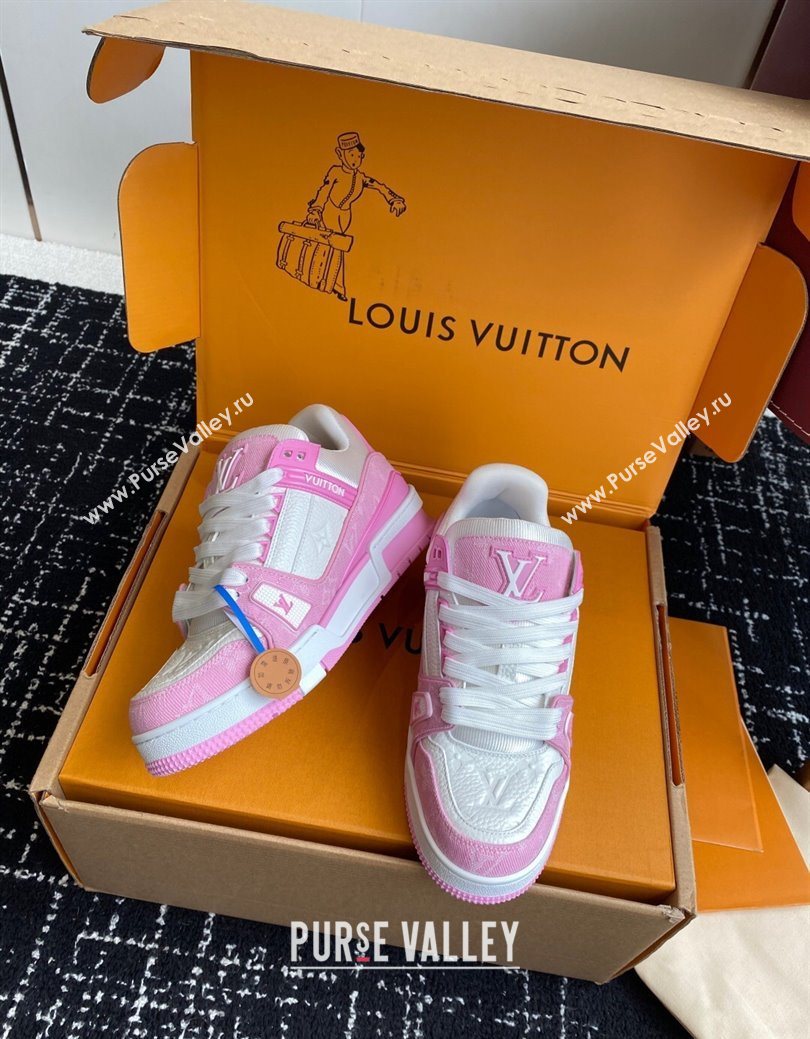 Louis Vuitton LV Trainer Sneakers in Leather and Denim 1AIKOM White/Pink 2025 (KL-250829029)