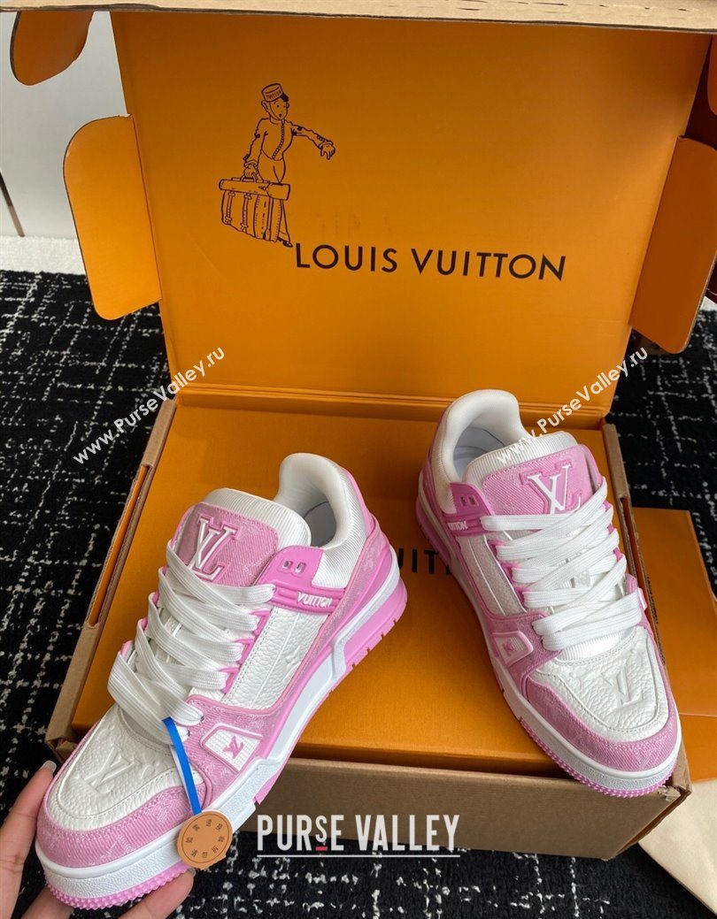 Louis Vuitton LV Trainer Sneakers in Leather and Denim 1AIKOM White/Pink 2025 (KL-250829029)