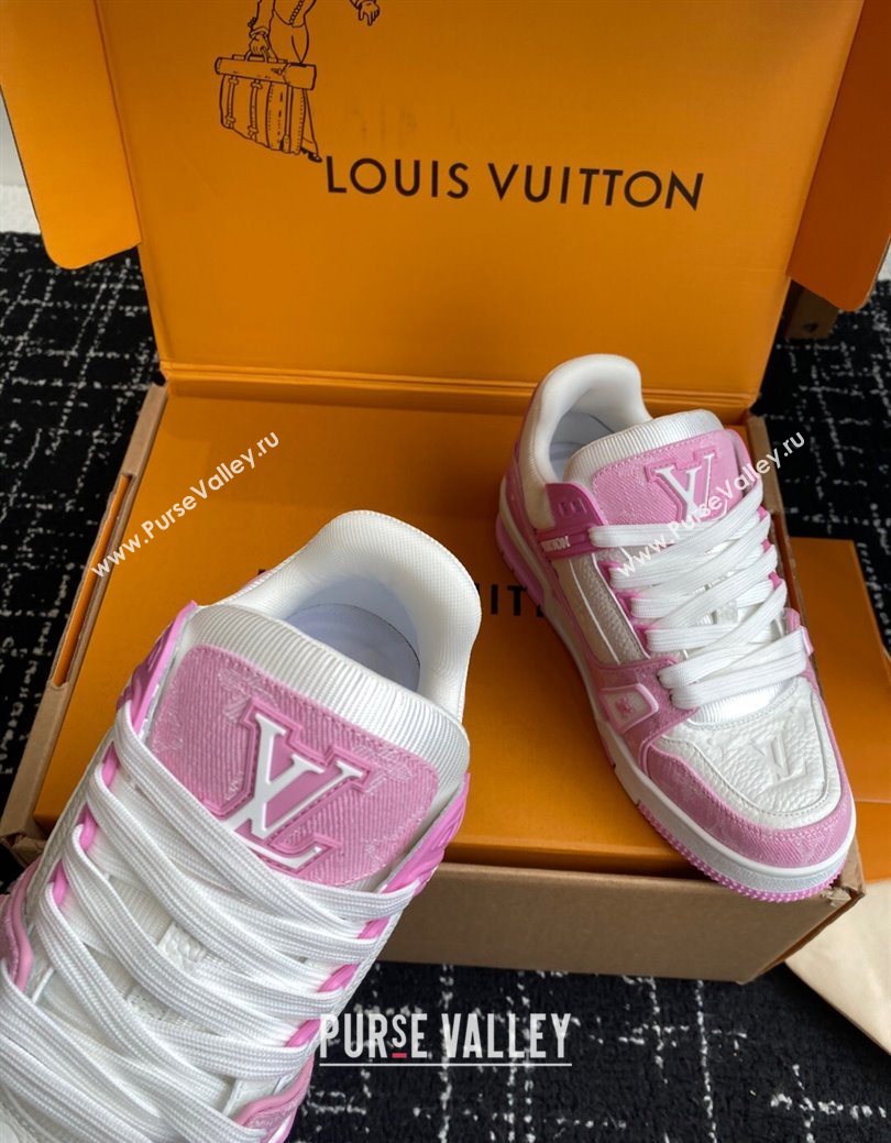 Louis Vuitton LV Trainer Sneakers in Leather and Denim 1AIKOM White/Pink 2025 (KL-250829029)