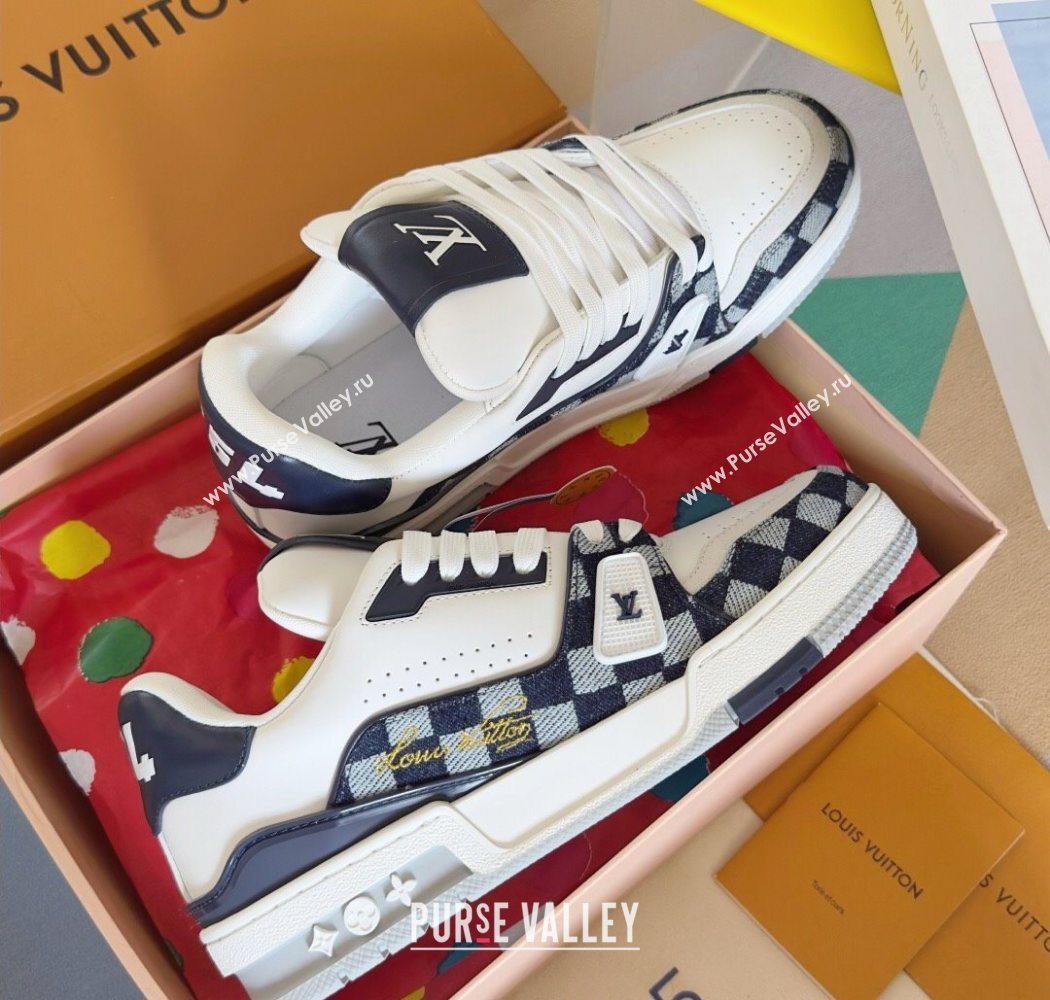 Louis Vuitton LV Trainer Sneakers in Leather and Damier Canvas 1AIN14 White/Blue 2025 (KL-250829024)