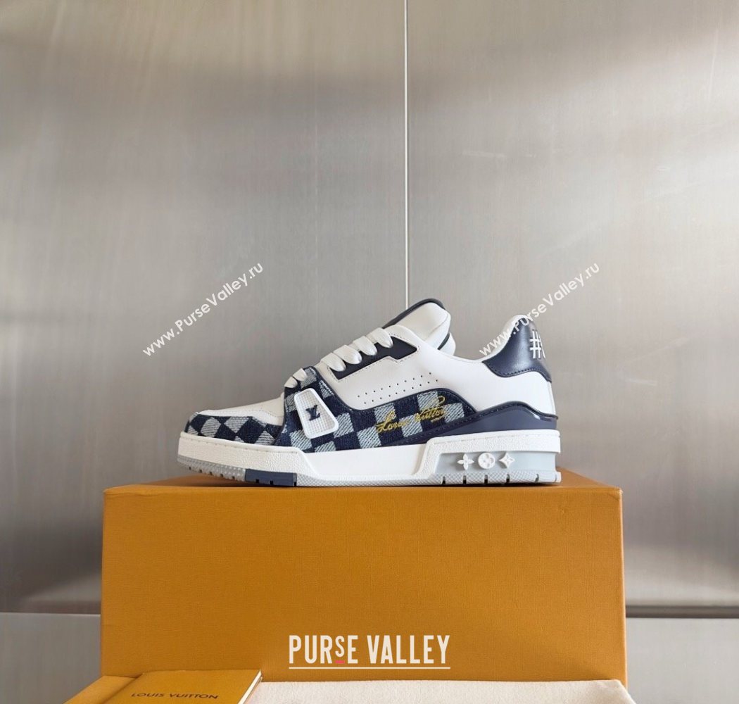 Louis Vuitton LV Trainer Sneakers in Leather and Damier Canvas 1AIN14 White/Blue 2025 (KL-250829024)