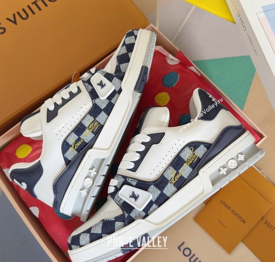 Louis Vuitton LV Trainer Sneakers in Leather and Damier Canvas 1AIN14 White/Blue 2025 (KL-250829024)