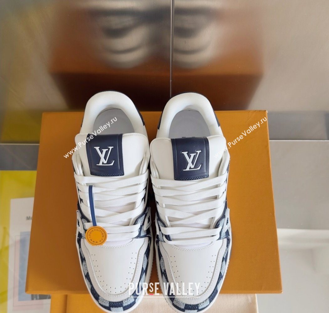 Louis Vuitton LV Trainer Sneakers in Leather and Damier Canvas 1AIN14 White/Blue 2025 (KL-250829024)