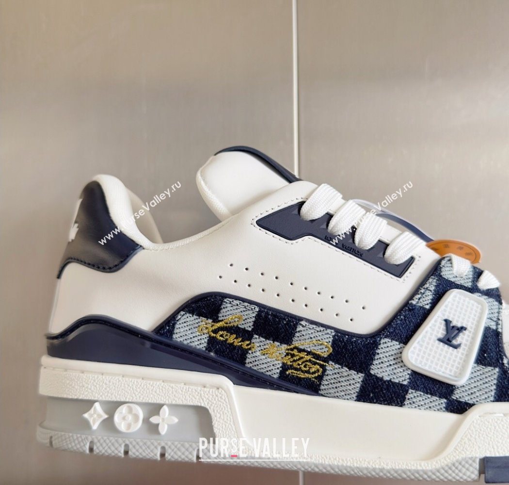 Louis Vuitton LV Trainer Sneakers in Leather and Damier Canvas 1AIN14 White/Blue 2025 (KL-250829024)
