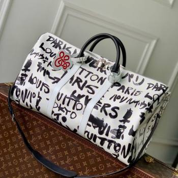Louis Vuitton Keepall Bandouliere 50 Bag in Printed Leather White/Black N40804 2025 (KI-251008089)