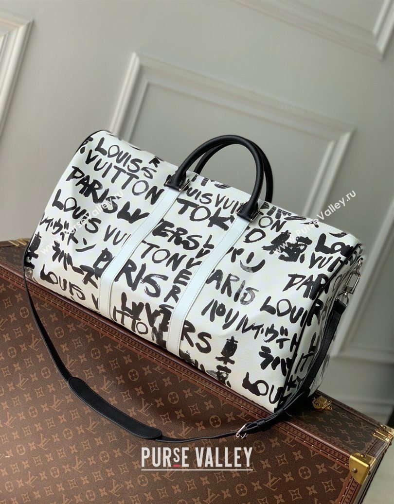 Louis Vuitton Keepall Bandouliere 50 Bag in Printed Leather White/Black N40804 2025 (KI-251008089)