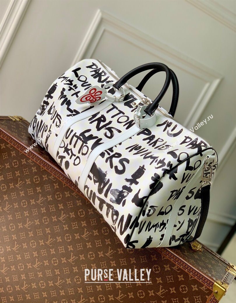 Louis Vuitton Keepall Bandouliere 50 Bag in Printed Leather White/Black N40804 2025 (KI-251008089)
