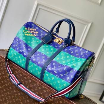 Louis Vuitton Keepall Bandouliere 50 Travel Bag in Blue Stripes Monogram Heritage Canvas M25900 2025 (KI-251008059)