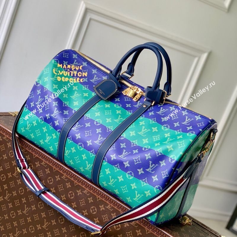 Louis Vuitton Keepall Bandouliere 50 Travel Bag in Blue Stripes Monogram Heritage Canvas M25900 2025 (KI-251008059)