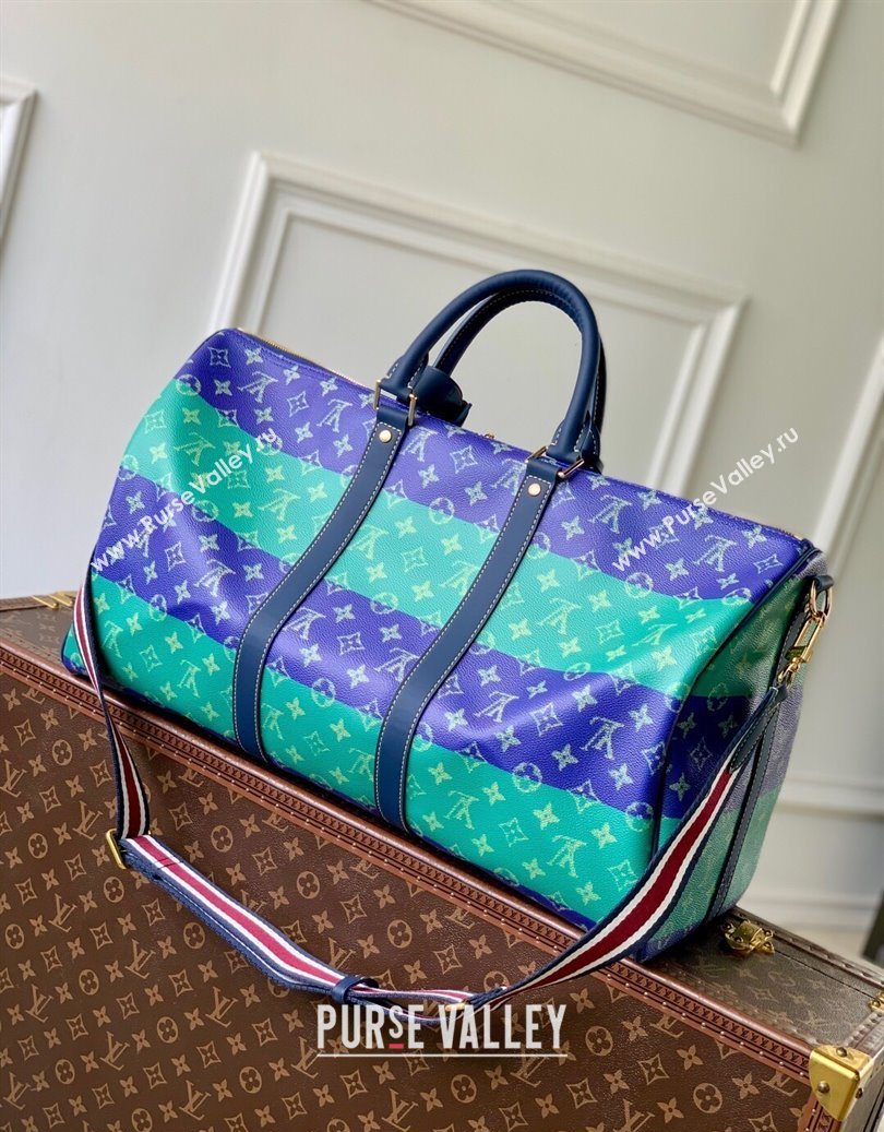 Louis Vuitton Keepall Bandouliere 50 Travel Bag in Blue Stripes Monogram Heritage Canvas M25900 2025 (KI-251008059)