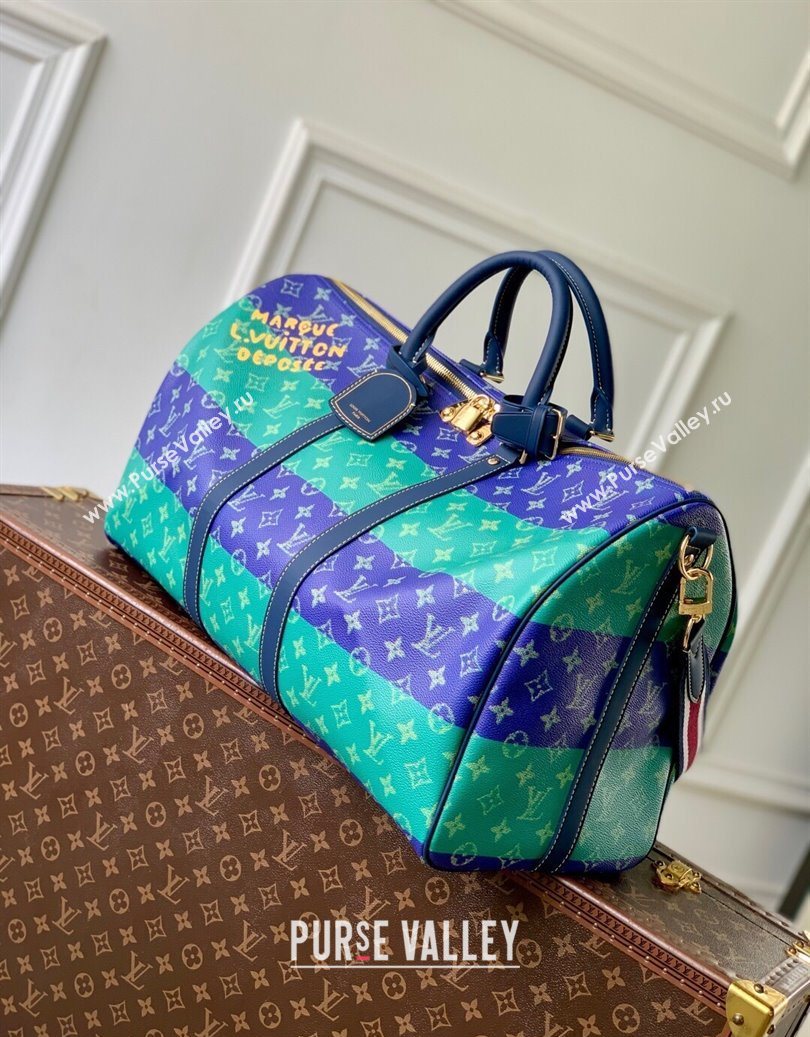 Louis Vuitton Keepall Bandouliere 50 Travel Bag in Blue Stripes Monogram Heritage Canvas M25900 2025 (KI-251008059)