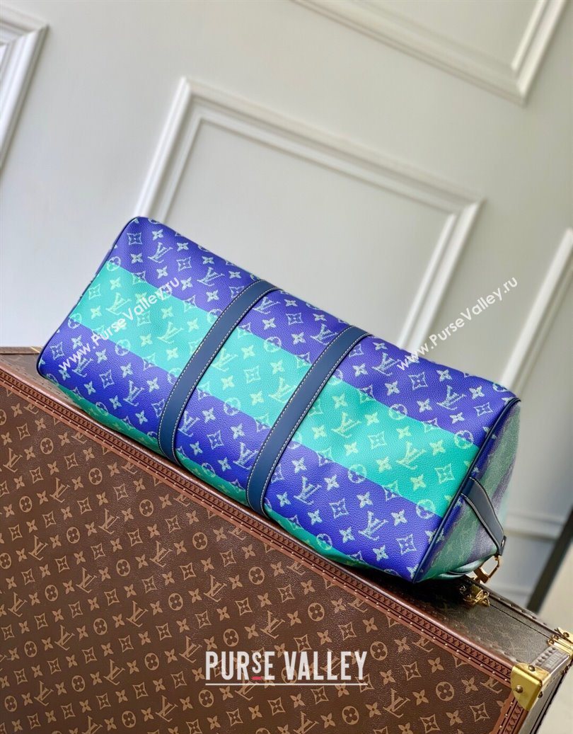 Louis Vuitton Keepall Bandouliere 50 Travel Bag in Blue Stripes Monogram Heritage Canvas M25900 2025 (KI-251008059)