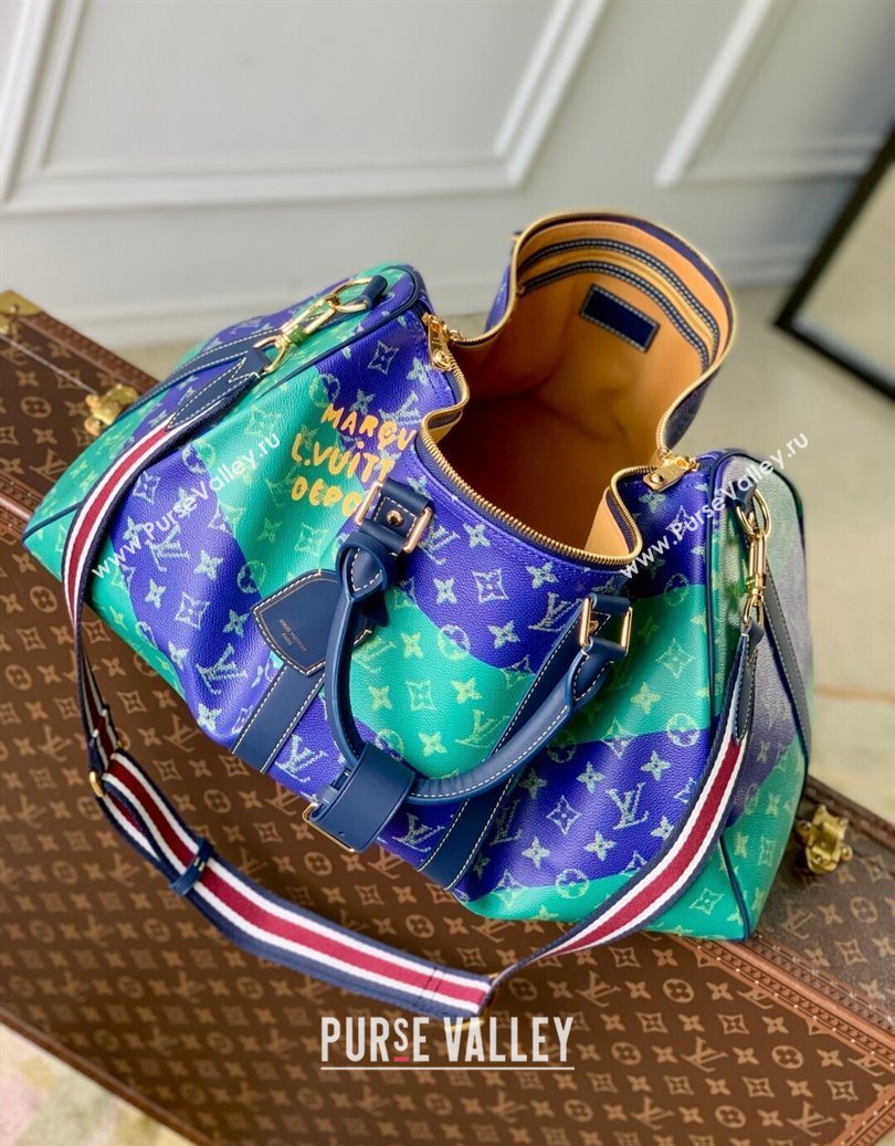 Louis Vuitton Keepall Bandouliere 50 Travel Bag in Blue Stripes Monogram Heritage Canvas M25900 2025 (KI-251008059)